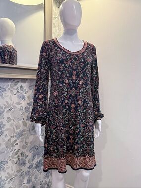 Max Studio Dark Green Floral Border-Print Long Sleeve Dress